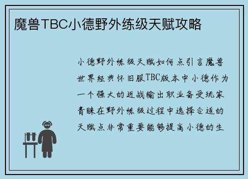 魔兽TBC小德野外练级天赋攻略