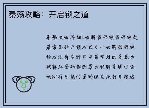 秦殇攻略:开启锁之道