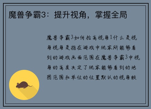 魔兽争霸3：提升视角，掌握全局